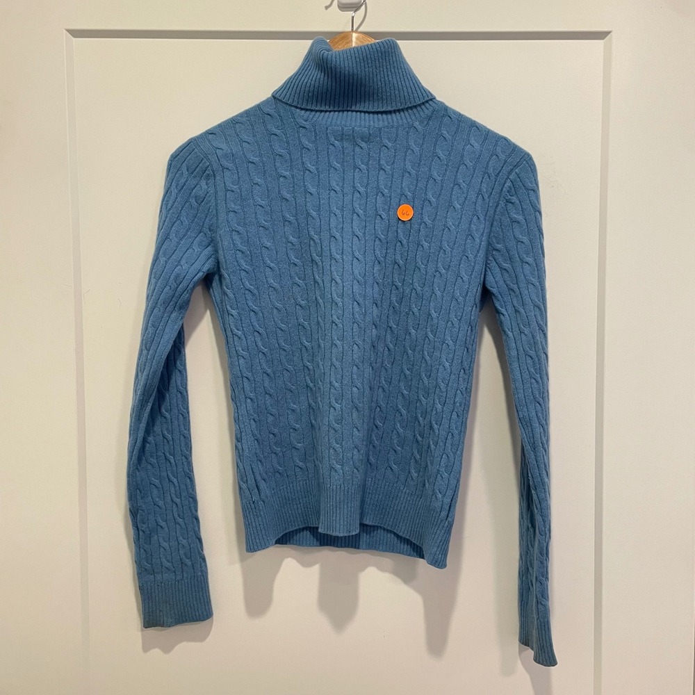 Aqua Cashmere Turtleneck Sweater Womens Medium Blue Cable Knit 100% Cashmere